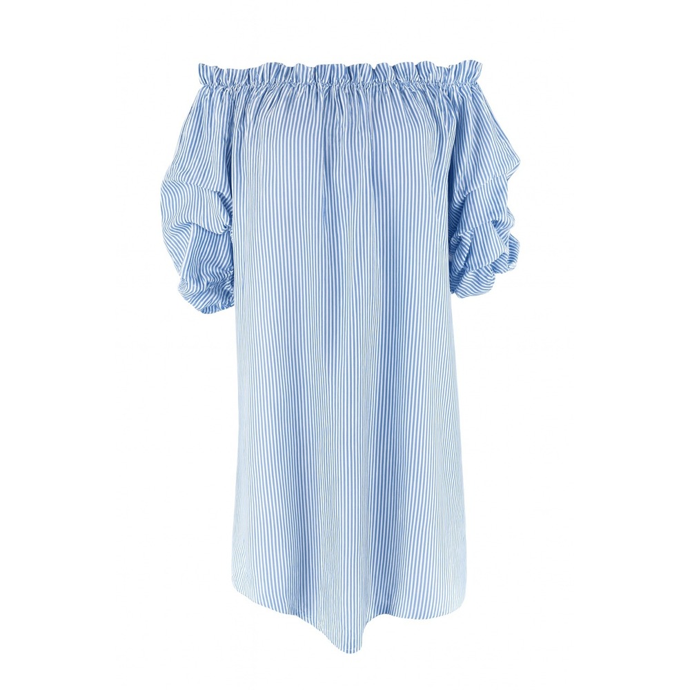 Love J Off‎ Shoulder Blue White Striped Ruffle Sleeve Dress Women's Medium Boho